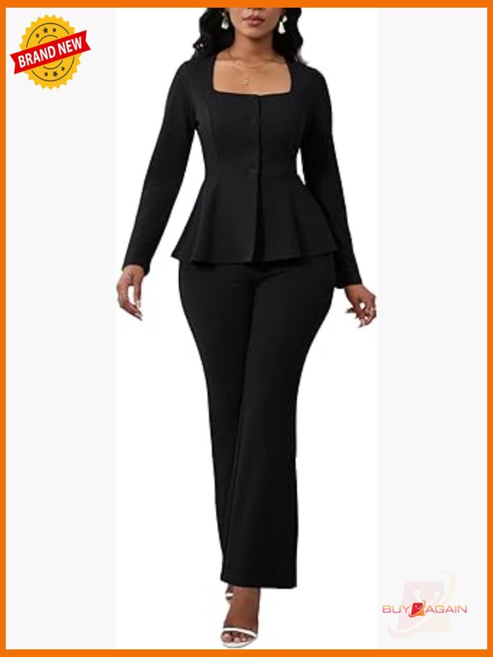 2 Piece Blazer and Flare Pants Set Slim Fit Office Wear